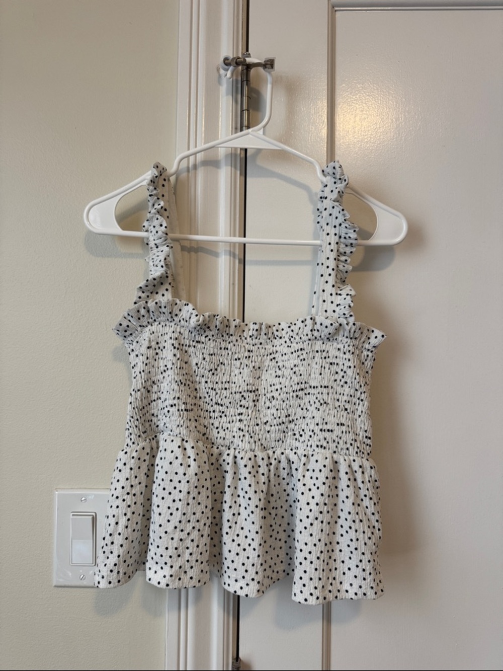 Smocked Polka Dot Ruffle Tank Top - White/Black